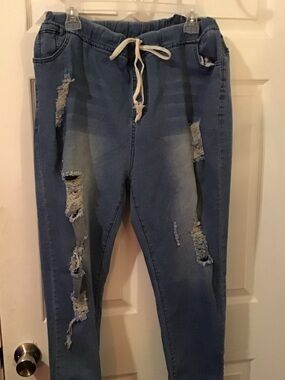 Distressed Blue Drawstring Jeans